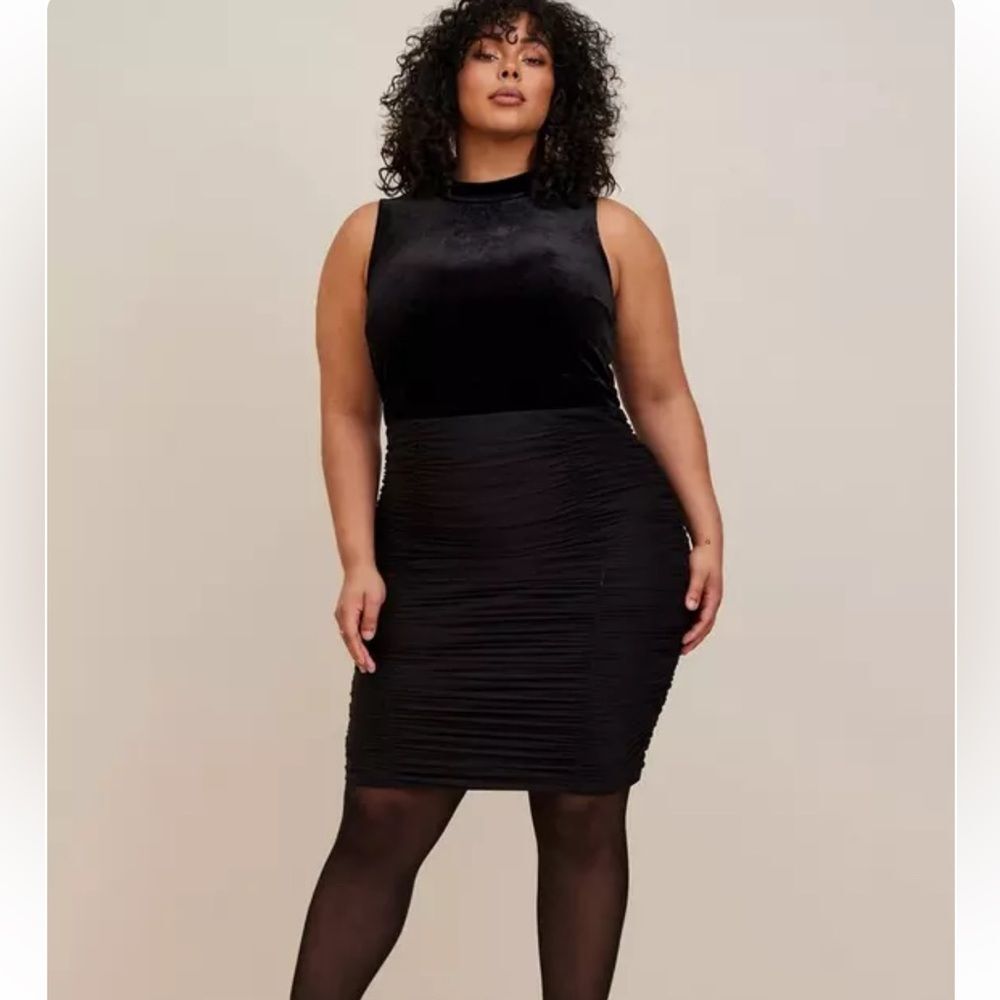 torrid | Dresses | Torrid At The Knee Velvet Mesh Black Ruched Bodycon Stretch Dress Nwt Size 8